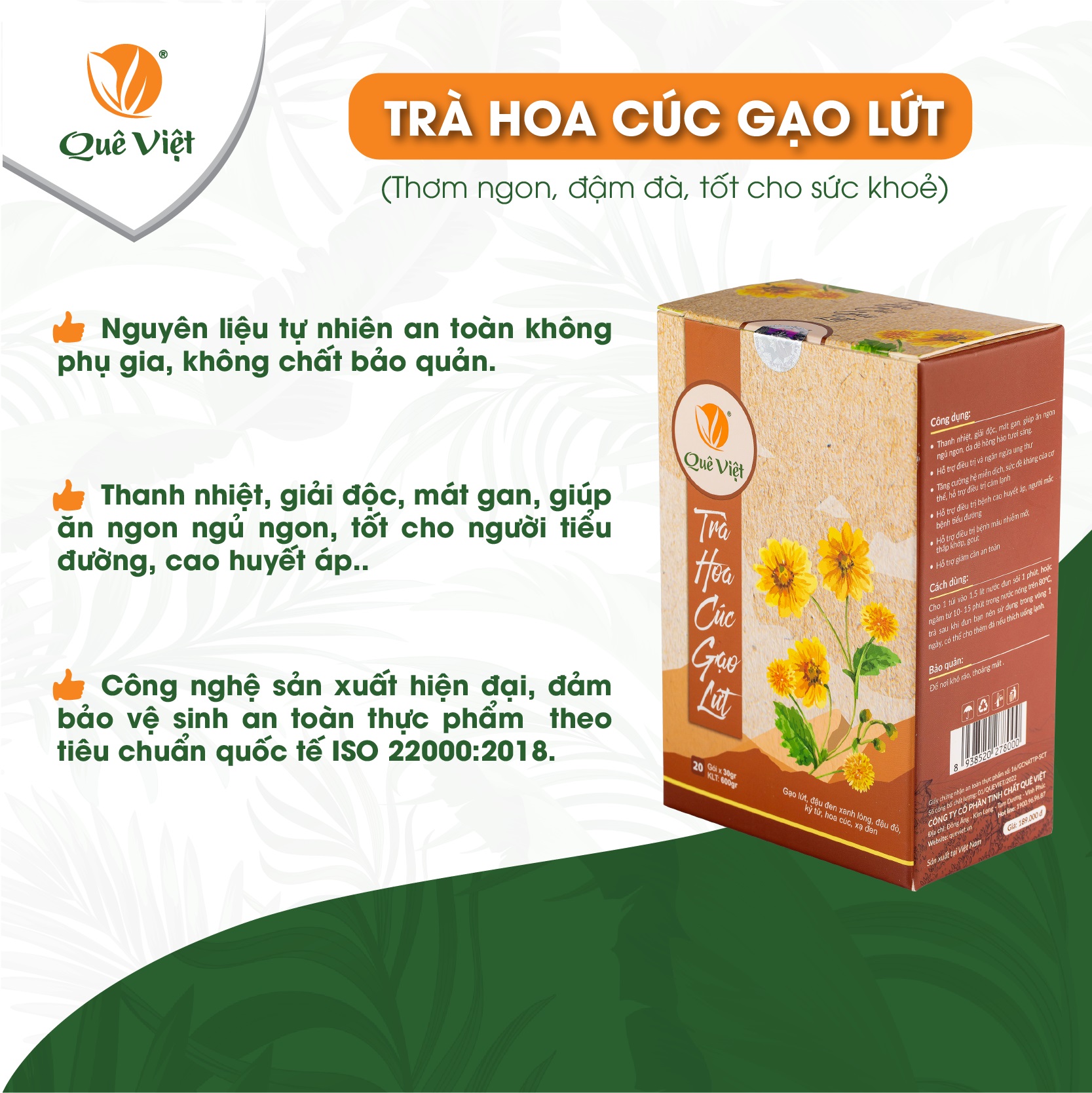Combo 5 hộp Trà hoa cúc gạo lứt Quê Việt + tặng bộ ấm thủy tinh pha trà Quê Việt ( x 600gr/hộp)