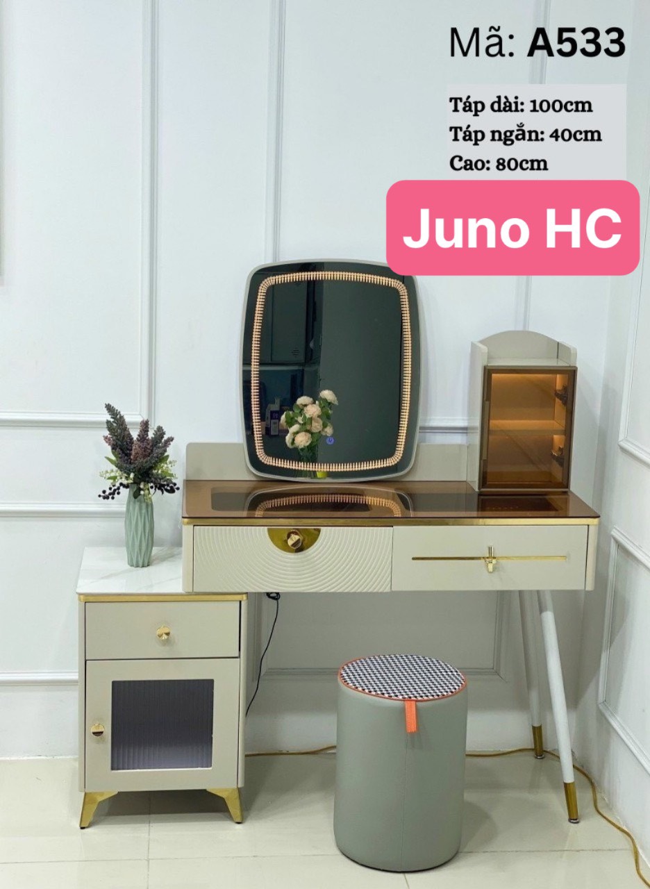 Bàn trang điểm HC Juno Sofa bọc da mặt kính gương led cảm ứng