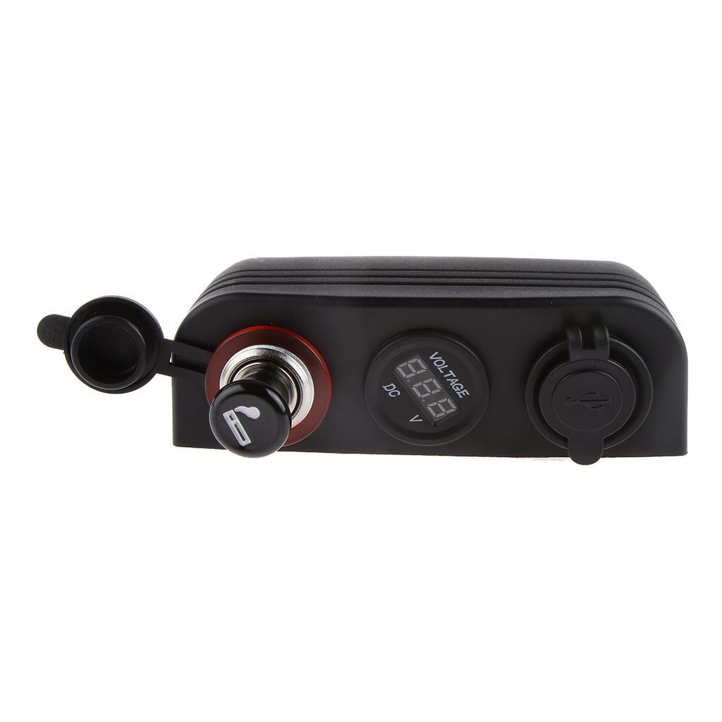 Dual USB Car Charger Socket + Cigarette Lighter + Red LED Digital Voltmeter