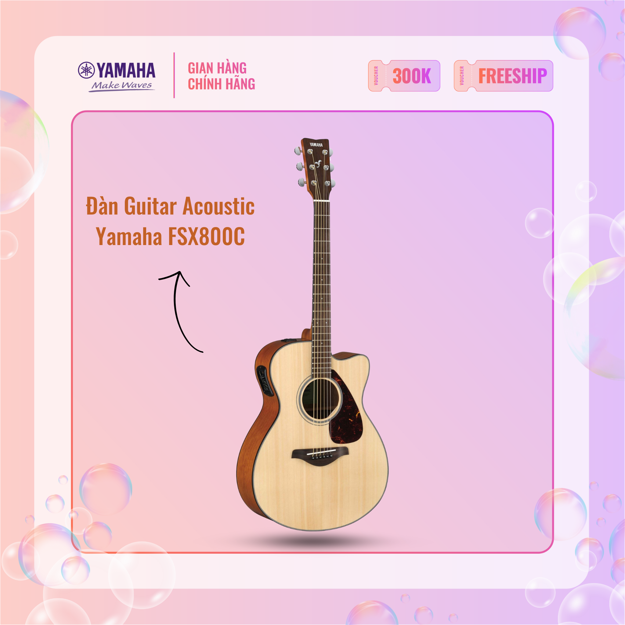 Đàn Guitar Acoustic YAMAHA FSX800C - Mặt đàn gỗ vân sam nguyên tấm, bảo hành chính hãng 12 tháng