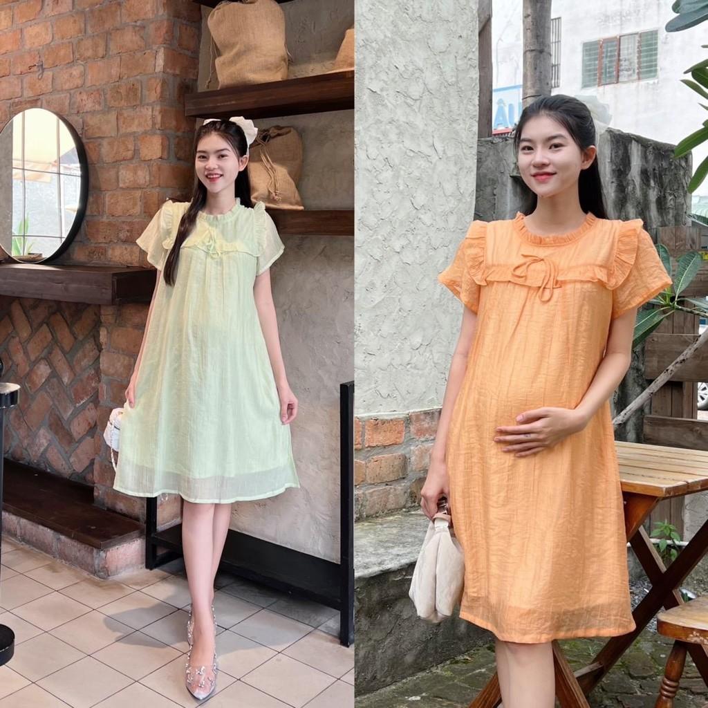 Đầm bầu tơ bèo quanh ngực đính nơ phom suông xinh xắn, đáng yêu - Xanh bơ