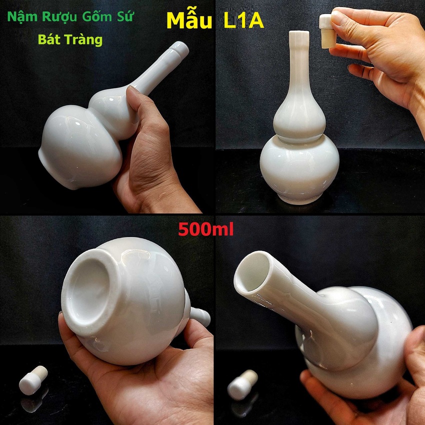 Nậm Rượu Đẹp 500ML gốm men sứ Bát Tràng cao cấp mẫu Hồ Lô cao màu trắng – Bình Đựng Rượu Gốm Sứ chất lượng đảm bảo