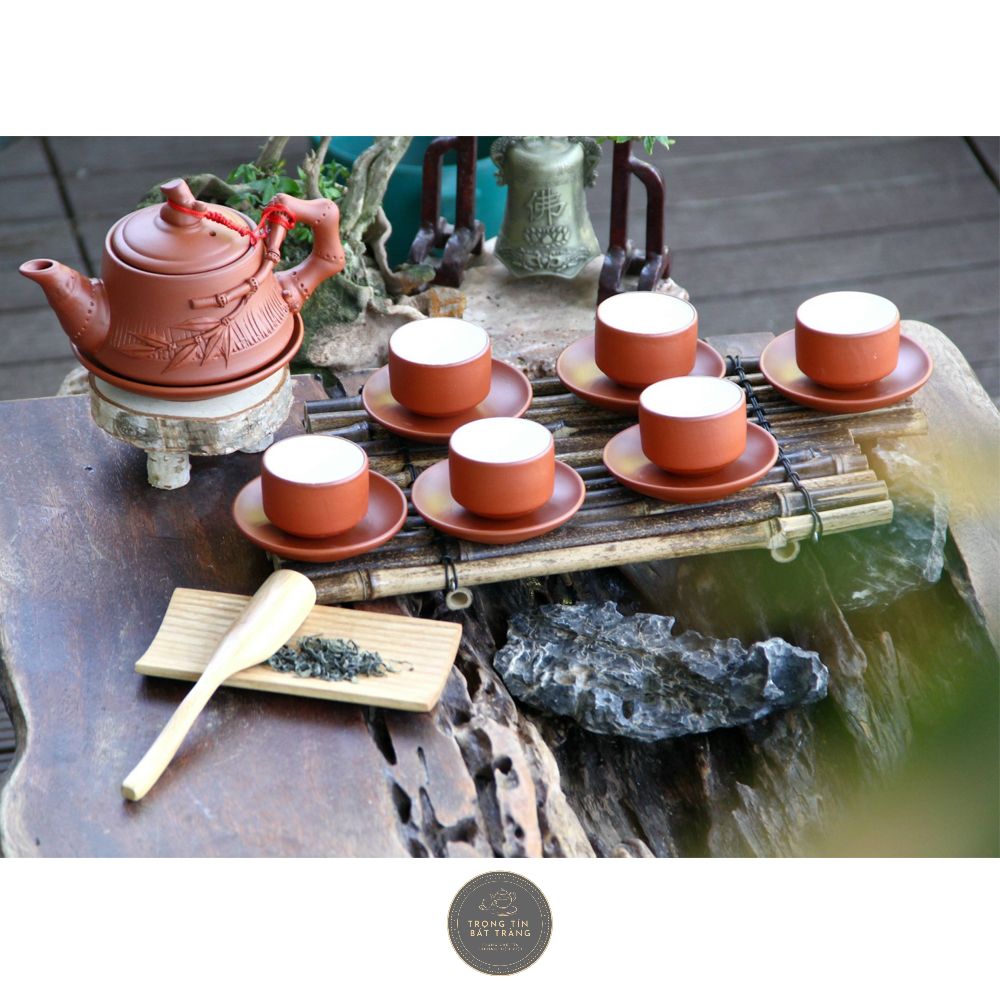 Bộ Ấm Chén Trà Đạo Gốm Tử Sa Bát Tràng Đắp Nổi Trúc Đoạn Dáng Trúc Đoạn Dung Tích 350ml ATSML 07.1