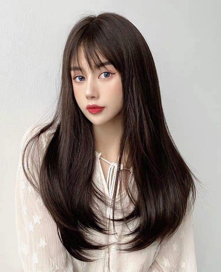 Tóc giả nữ nguyên đầu cup lững, tóc giả bộ cả đầu thẳng dài mái thưa hàn quốc