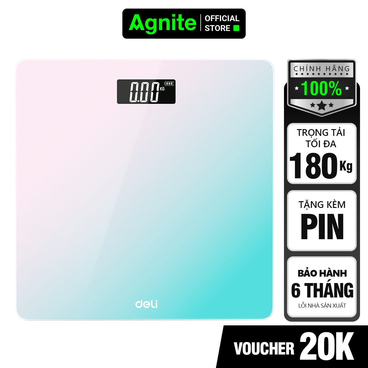 Cân Điện Tử Sức Khoẻ Thể Thao Thông Minh Mặt Vuông Kính Cường Lực Chịu Lực 180Kg Agnite X Deli - Nhiều Màu Sắc - E86120 - Xanh Ombre
