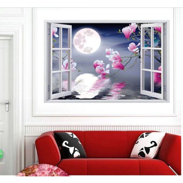 Tranh dán tường 3d cửa sổ ánh trăng ép kim sa có sẵn keo CS72