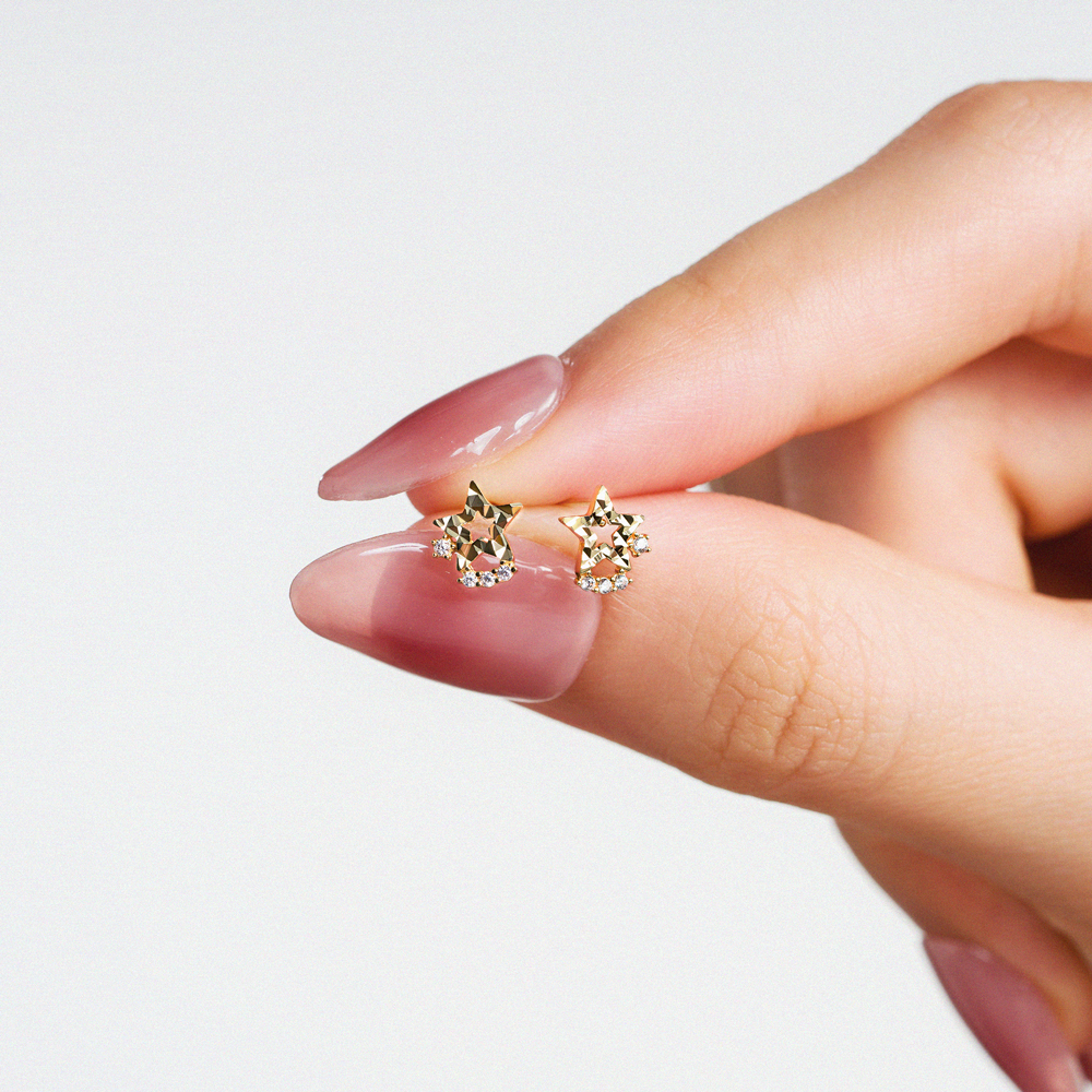 Bông Tai Nữ Hoạ Tiết Hình Ngôi Sao Năm Cánh May Mắn Vàng 14K BTAM127 Huy Thanh Jewelry
