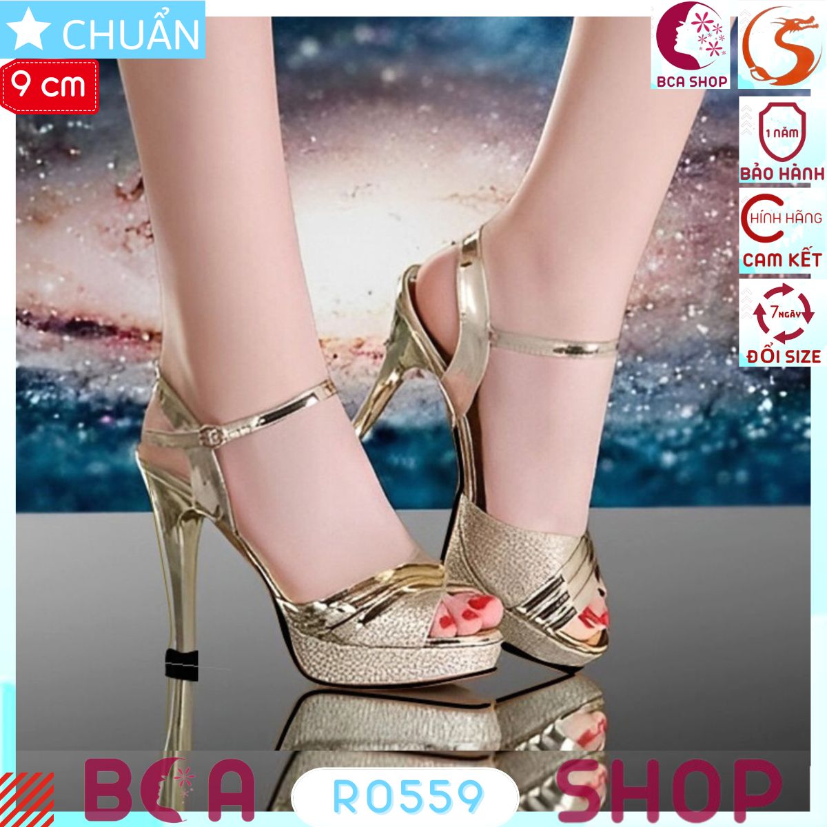 Giày sandal cao gót nữ 9p RO559 màu vàng ROSATA tại BCASHOP gót nhọn, quai ngang bóng nhám sang trọng