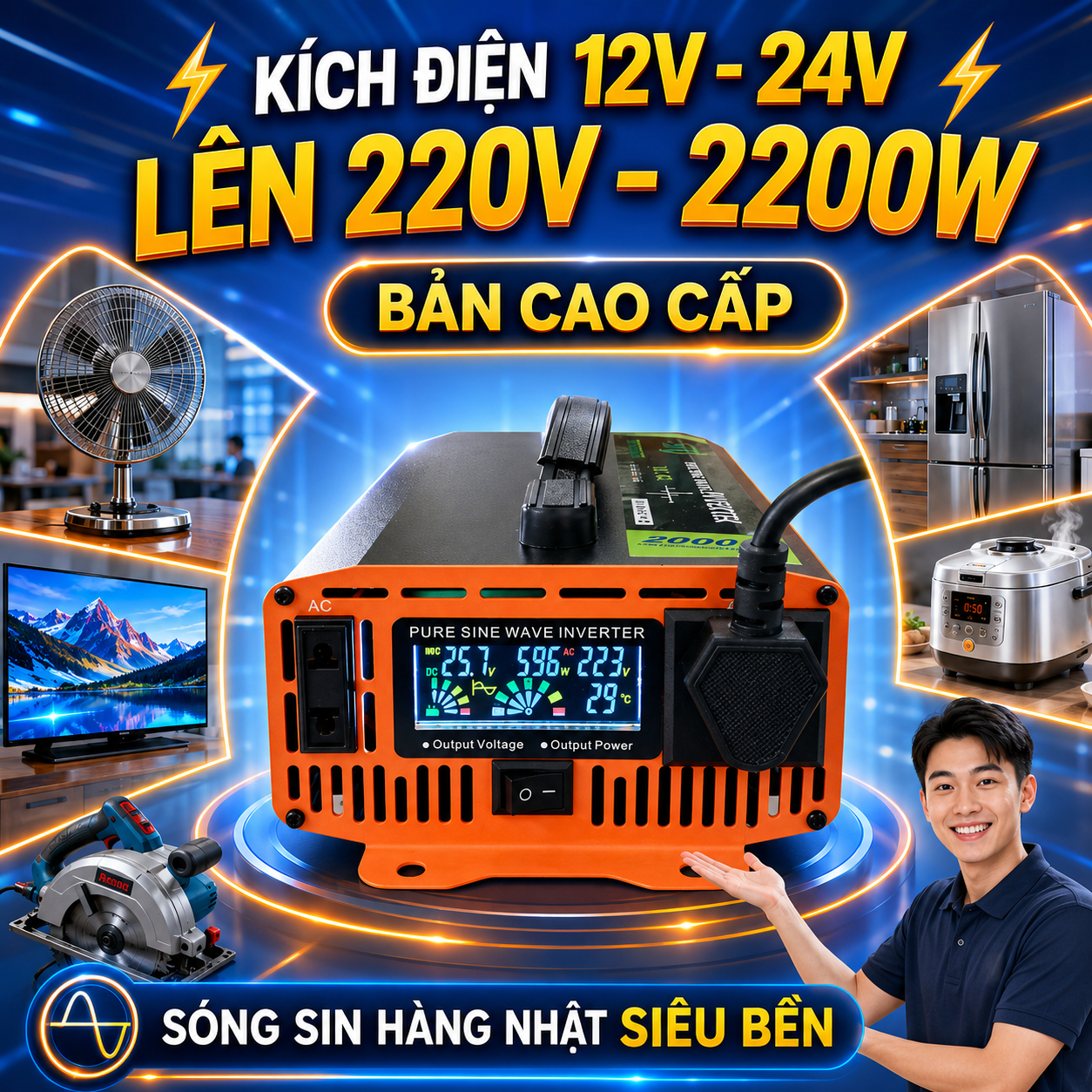 Kích Điện Inverter ST Nhật Bản 2200W Chuyển Nguồn Ắc Quy 12V 24V Thành 220V Ổn Định, đèn trang trí