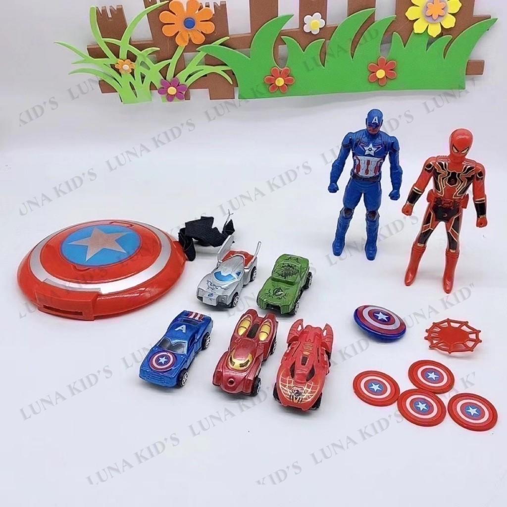 Mô Hình Siêu Nhân Bộ Đồ Chơi Người Nhện Và Captain American Có Khiên Và 5 Ô Tô Bánh Đà Luna Kid's