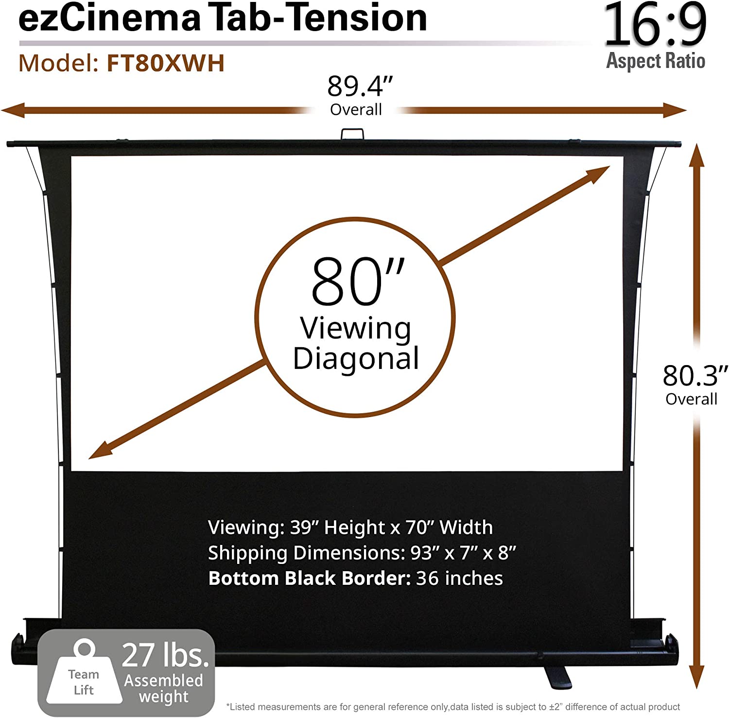 Màn Chiếu Elite Screens Dòng ezCinema Tab-Tension (Kéo Căng ), 80 inch Tỷ lệ Khung Hình 16:9 (Vùng hiển thị 100.1 x 177 cm) 1.1 Gain (FT80XWH) – Hàng Chính Hãng