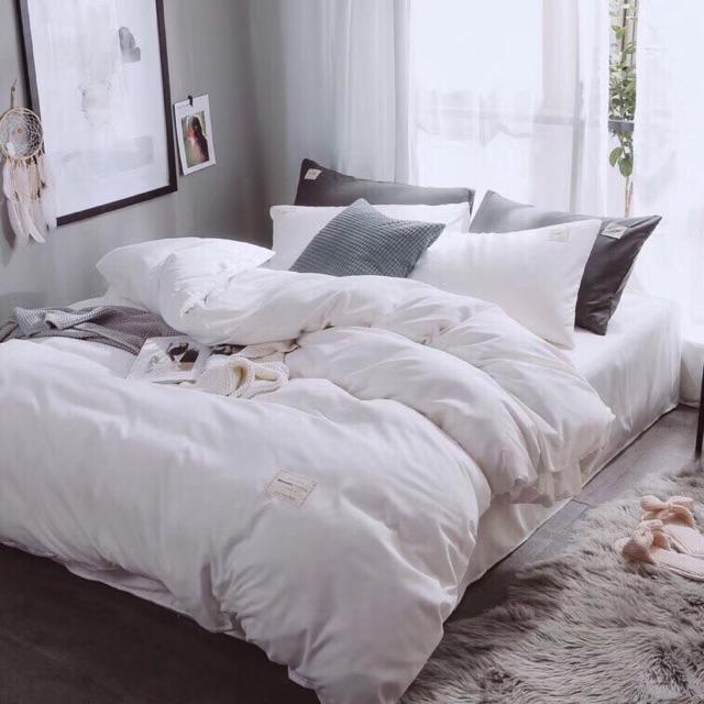 Bộ chăn ga cotton TC một màu trắng khách sạn - Free bo chun
