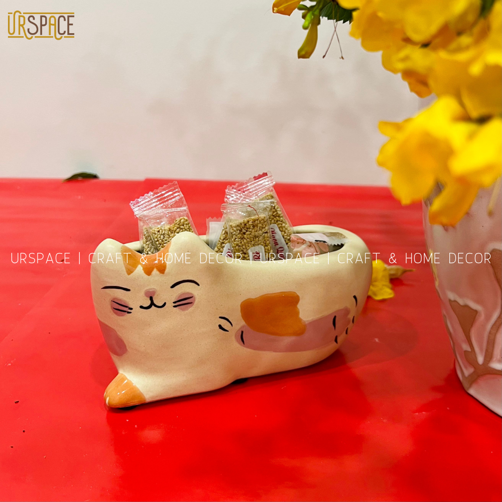 Chậu gốm trồng cây để bàn URSPACE trang trí decor hình mèo dễ thương