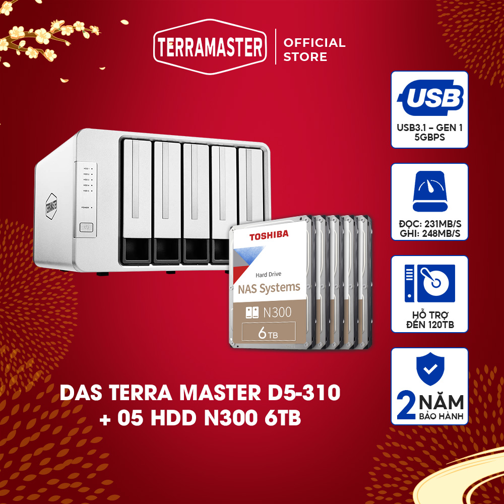 Bộ thiết bị lưu trữ DAS TerraMaster D5-310 5-bay+N300 Hàng chính hãng