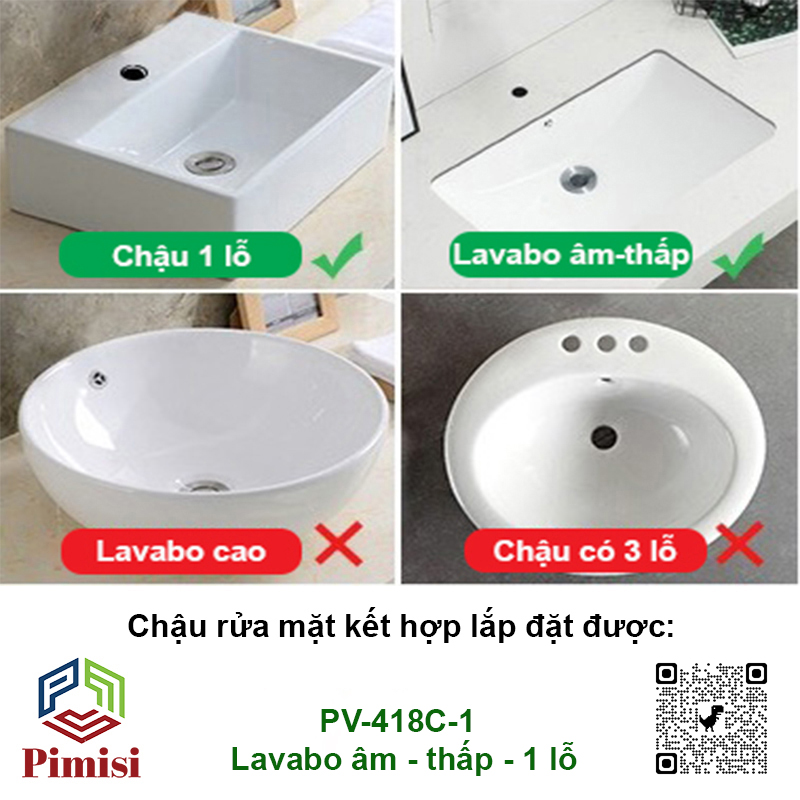 Vòi Rửa Mặt Pimisi PV-418C-1 Thân Vuông Nóng Lạnh Cho Chậu Rửa Lavabo 1 Lỗ Âm - Dương Mặt Bàn Đá Làm Từ Đồng Thau Sáng Bóng - Chỉnh Nước Bằng Gật Gù Nóng Lạnh Trong Nhà Tắm Với Đủ Phụ Kiện Xi Phông Và Dây Cấp Nước | Chính Hãng