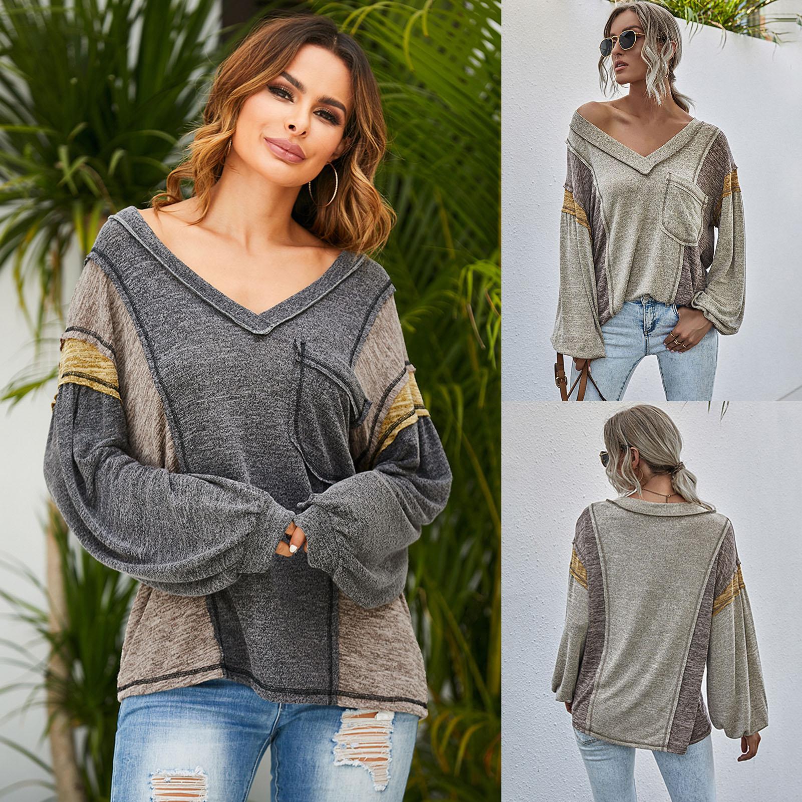 Women Sweatshirt Splicing V Neck Pocket Lantern Sleeve Shirt Casual Loose Tops