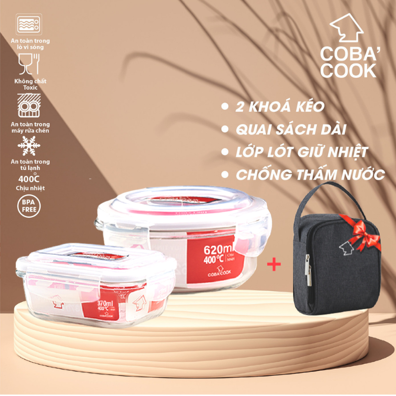 Bộ 2 hộp đựng cơm thủy tinh COBACOOK trữ thức ăn thực phẩm chịu nhiệt hình tròn 620ml và 370ml KÈM 1 túi giữ nhiệt- CCR6L32BS