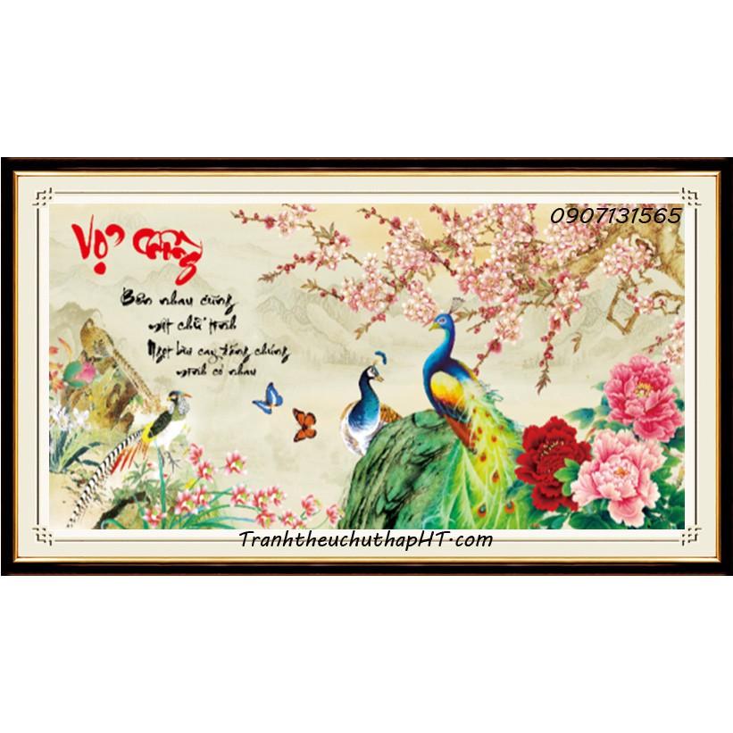 Tranh đính đá vợ chồng chim công LV168 - size: 100*50cm (tự làm)