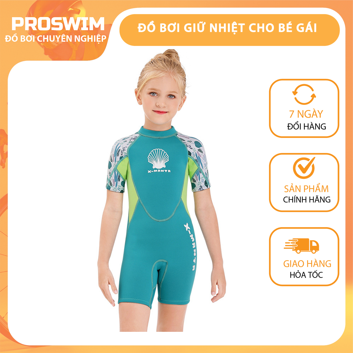 Áo bơi giữ nhiệt cho bé gái từ 10-35kg chất liệu cách nhiệt liền thân cộc tay có khóa kéo sau giữ ấm bơi trời lạnh WS656