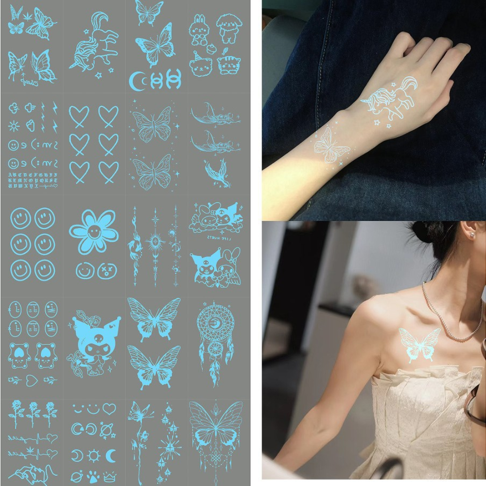 Set 20 Tờ Hình Xăm Phát Sáng Miếng Dán Tattoo Tạm Chời Hình Bướm, Trái Tim, Gấu, Mặt Cười, Hoa