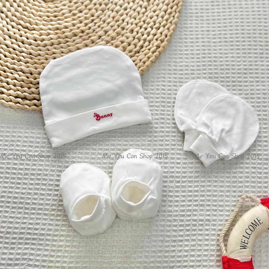 Set Nón Bao Tay Bao Chân Cotton Trắng Mềm mại, Co Giãn Cho Bé Sơ Sinh- Bunny Baby
