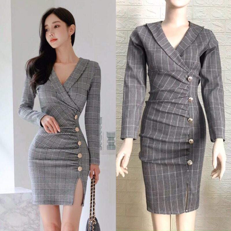 Đầm caro body thân nhún tay dài S.MLXL