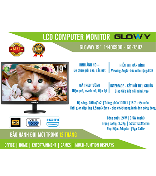 Màn hình LCD 19&quot; GLOWY GLW19 75Hz (VGA-HDMI) - Hàng Chính Hãng