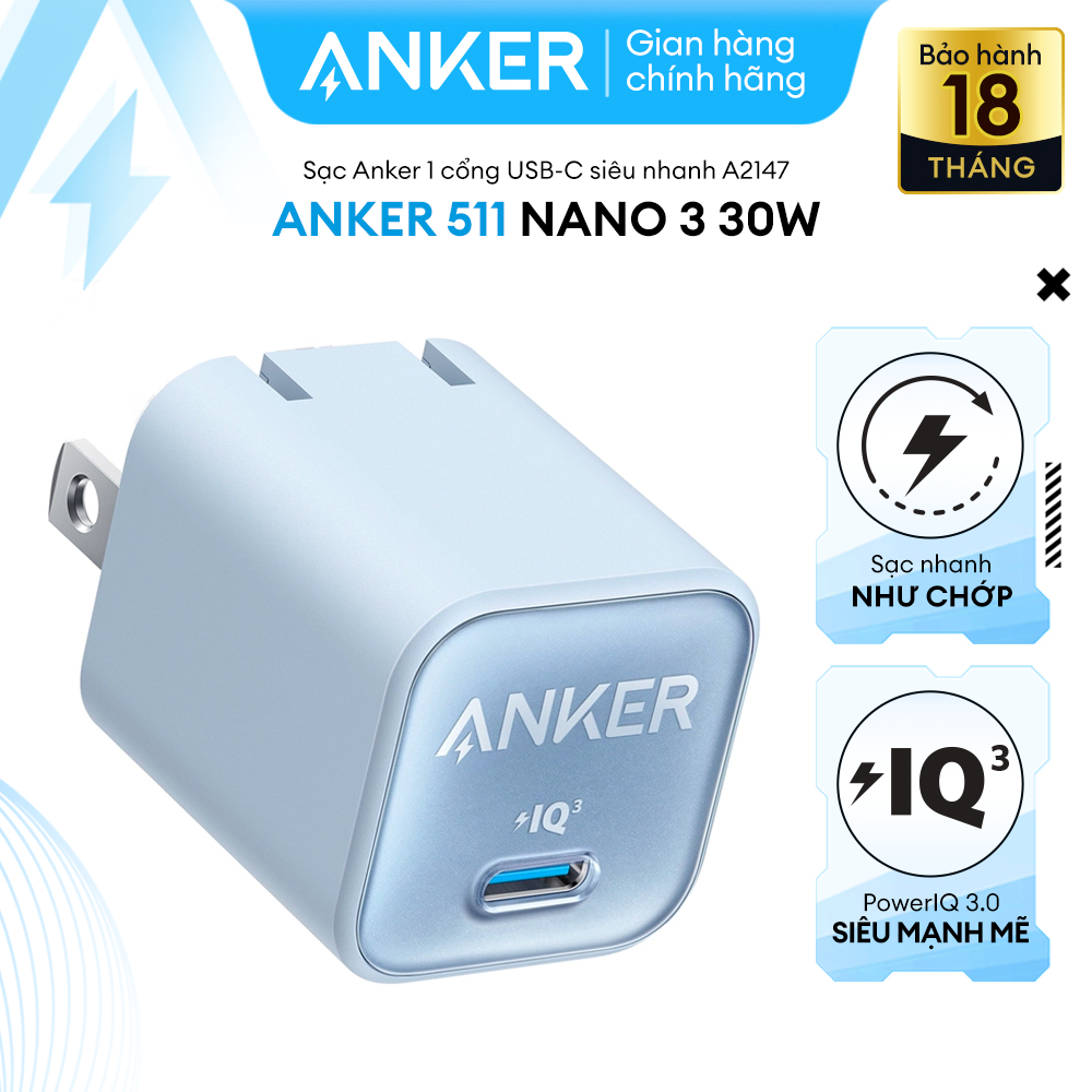 Sạc Anker 511 Nano 3 30W 1 Cổng Usb - C Piq 3.0 Tương Thích Pd - A2147 - Hỗ Trợ Sạc Nhanh 30W Cho Iphone 13 Trở Lên. - Xanh Dương