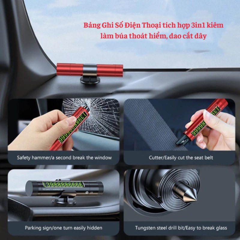 Bảng Ghi Số Điện Thoại Ô Tô 3in1 Kiêm Búa Phá Kính, Dao Cắt Dây Thoát Hiểm Cao Cấp - Hàng Nhập Khẩu