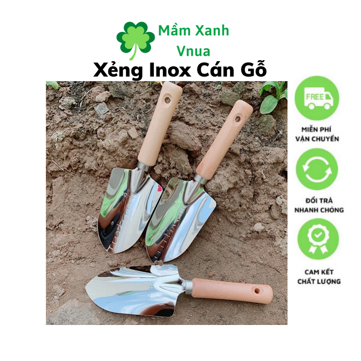 Xẻng Làm Vườn Cầm Tay Inox Cao Cấp 28cm - Xẻng Cán Gỗ Nhật Bản DT1080