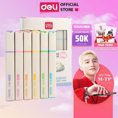 Bút Highlight Nhấn Dòng Macaron Kèm Sticker Dạ Quang Deli - Hộp 6 Chiếc - S742 - Hộp 6 Chiếc - Màu Đậm - S741