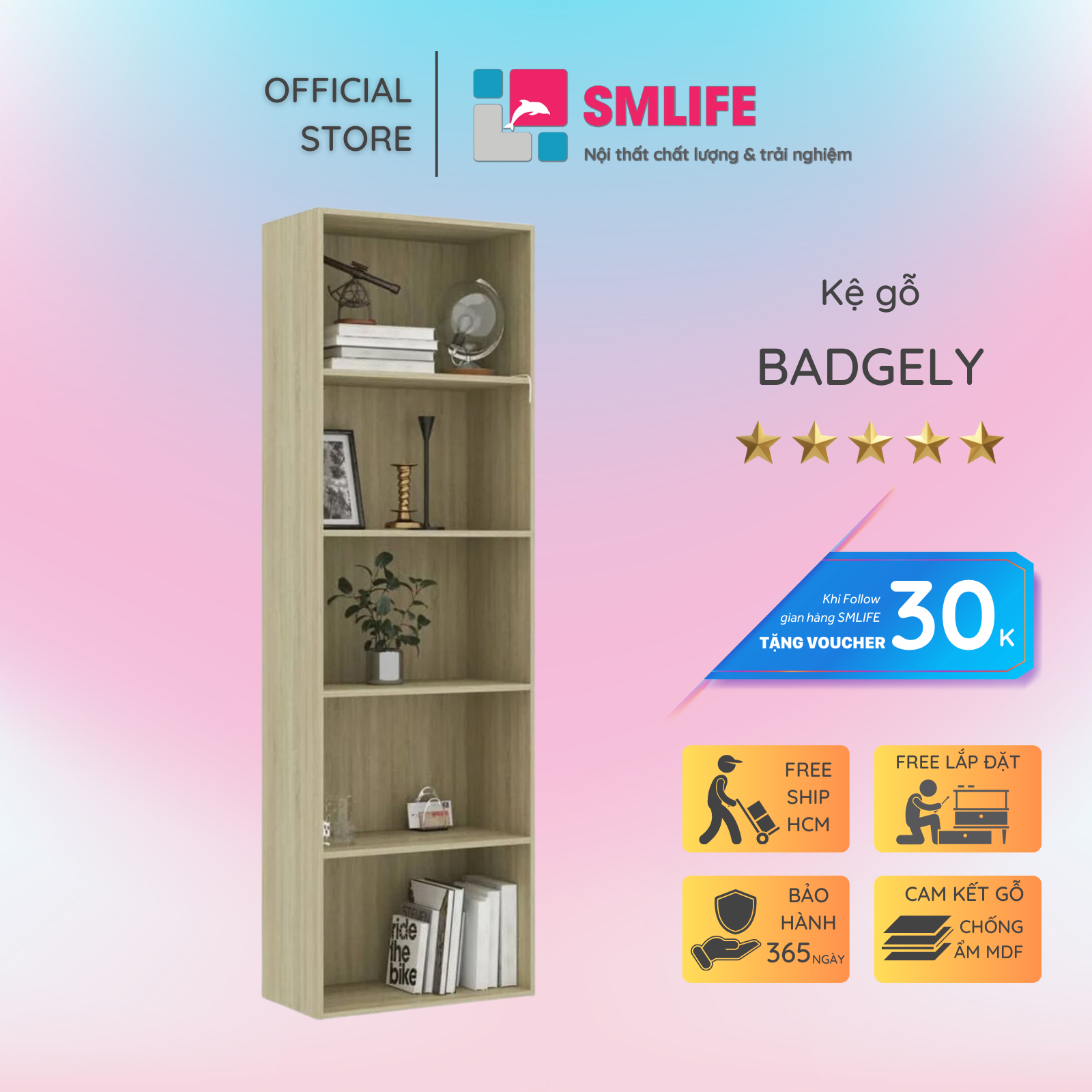 Kệ sách dùng từ gỗ công nghiệp SMLIFE Badgely