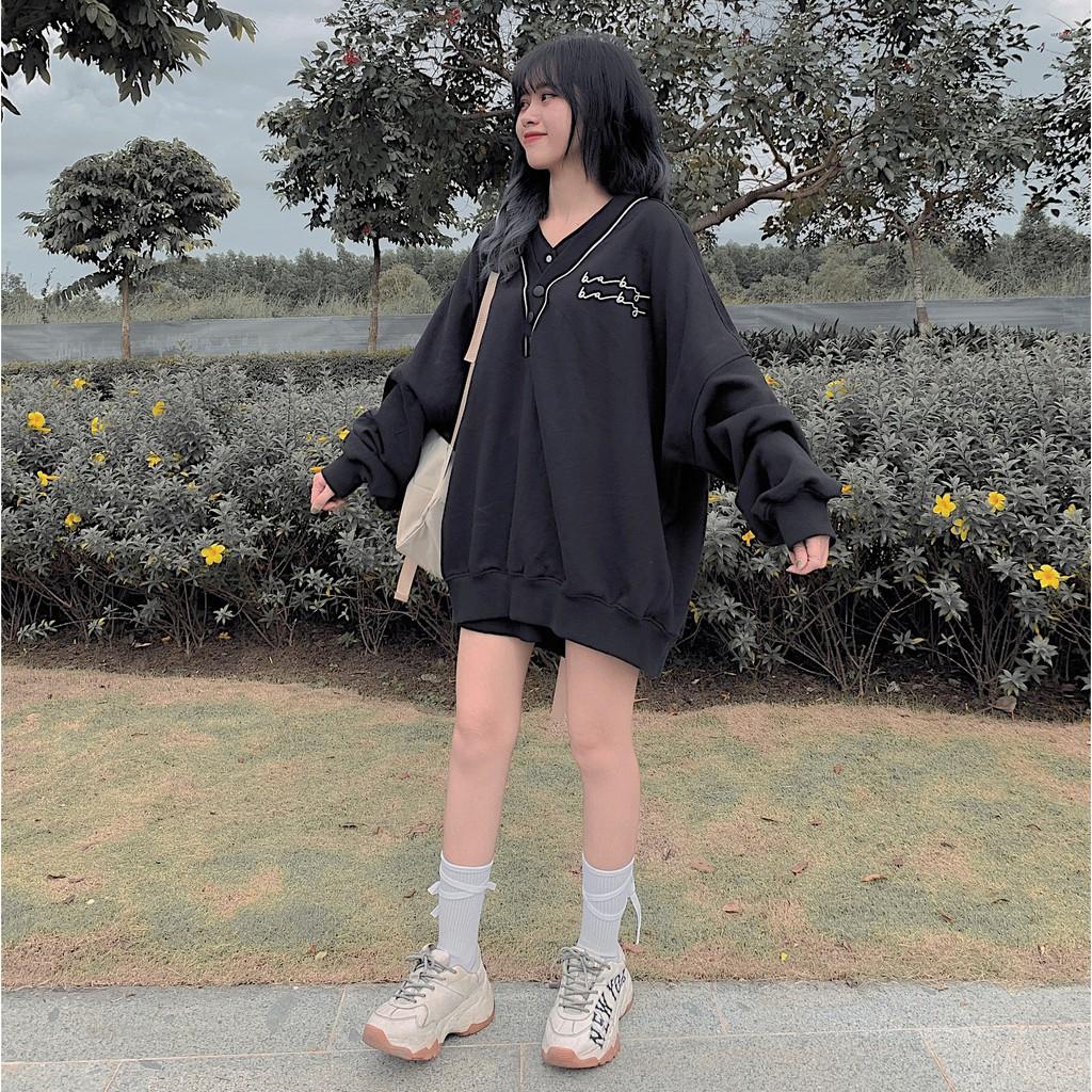 Áo Sweater Nỉ BABY Viền Cổ Phối Nút Form Rộng Ulzzang (Ảnh Thật)