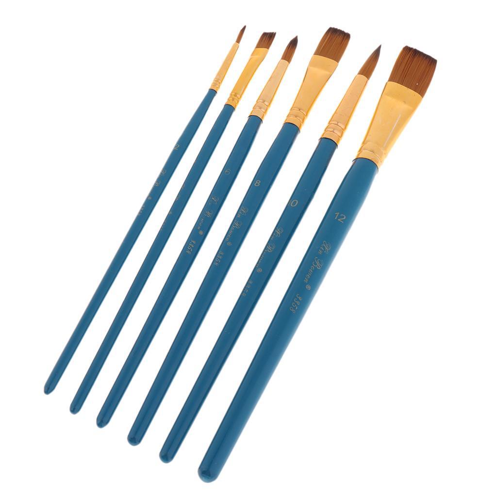 6 Pieces Wooden Flat Round Pointed Tip Nylon Hair Artist Paint Brushes for Art Painting, Acrylic Watercolor Oil, Nail Art, Miniature Painting