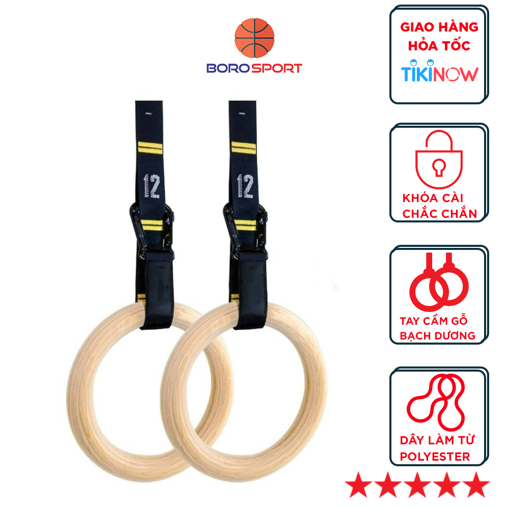 Vòng treo gỗ Gymnastic Rings Cleacco có vạch kẻ số , khóa cài thông minh tiện lợi , chắc chắn treo xà đơn , các bài tập dip rings , street workout , bảo hành 12 tháng - BORO SPORT