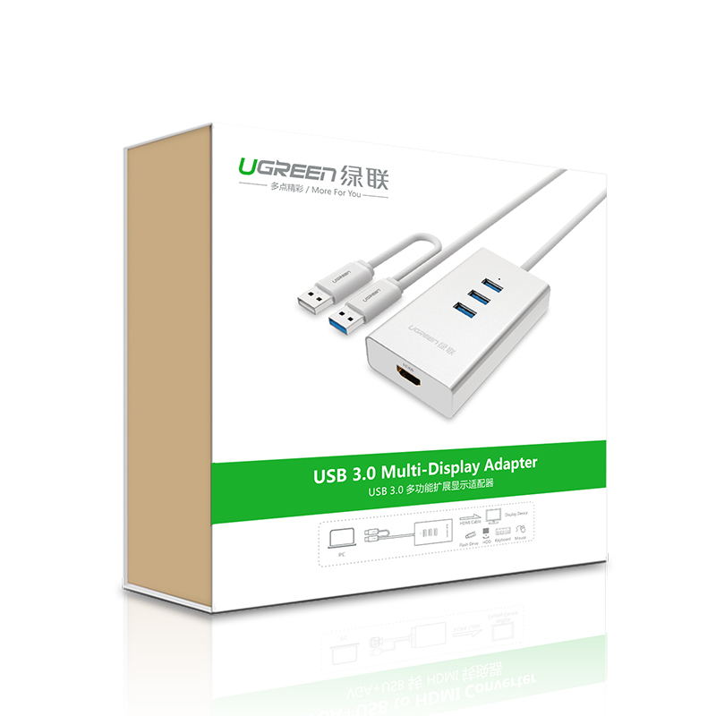 Bộ chuyển đổi USB 3.0 sang HDMI và hub 3 cổng USB 3.0 dài 80CM UGREEN 40257 - Hàng Chính Hãng