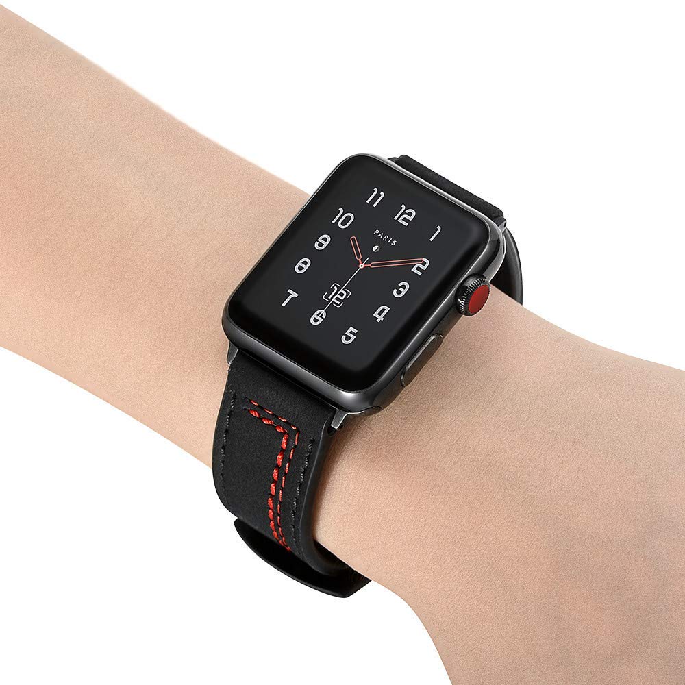 Dây đồng hồ, dây da 07 viền chỉ khóa thép không gỉ cho Apple Watch