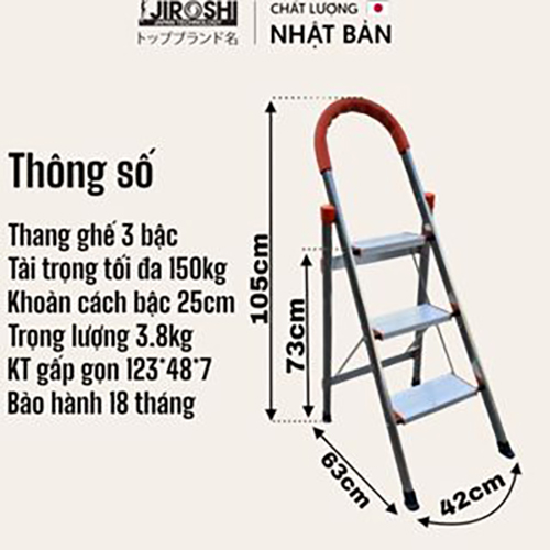 Thang ghế thắp hương gấp gọn nhôm inox Jiroshi 3 4 5 7 bậc, thang xếp gia đình inox nhật bản có tay vịn thông minh