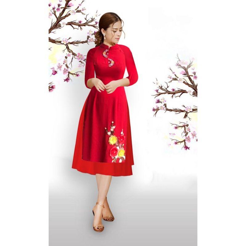 SET ÁO DÀI CÁCH TÂN ĐỎ KẾT HOA VẢI