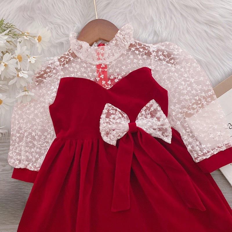 Váy Nhung Đỏ Phối Ren Hoa Nơ  Xinh Xắn Bé Gái Dịp Đầy Tháng, Noel, Tết - HV1 - Đỏ đô