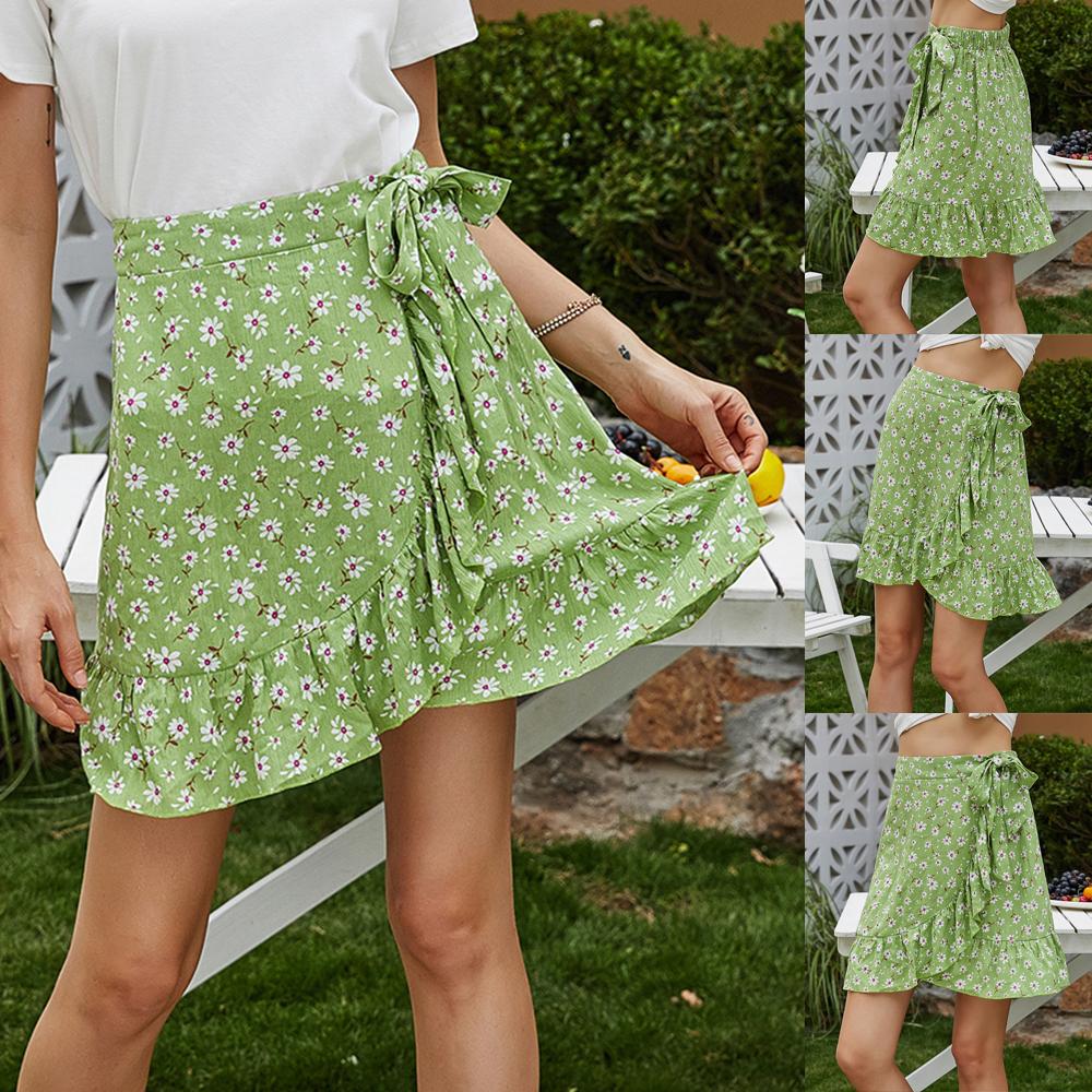 Women Ruffles Mini Skirt Bow Tie A-Line High Waist Floral Print Elastic Short Casual Summer Beach Holiday Light Green