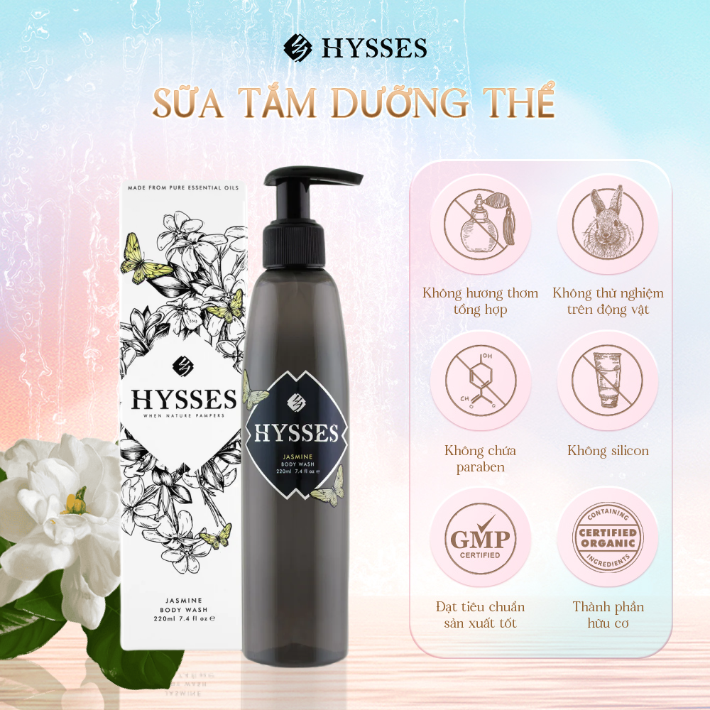 Sữa Tắm Tinh Dầu Cao Cấp Hysses Giúp Làm Dịu, Dưỡng Ẩm Cho Da, Giúp Da Sáng Đều Màu và Mềm Mại, Phù Hợp Cho Thường và Da Mụn Với Hoa Nhài Hữu Cơ Tự Nhiên