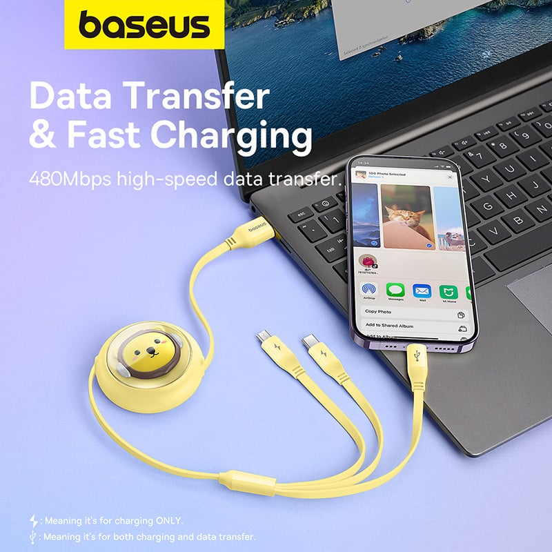 Cáp Sạc Nhanh Đa Năng Baseus Leo Retractable Charging Cable 3-in-1 USB to M+L+C 3.5A 1.1m - Hàng chính hãng