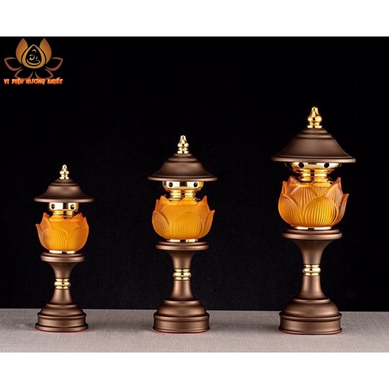 CẶP 2 CÂY ĐÈN LED HOA SEN LƯU LY ĐỎ CAM VÀNG THỜ CÚNG TRANG TRÍ