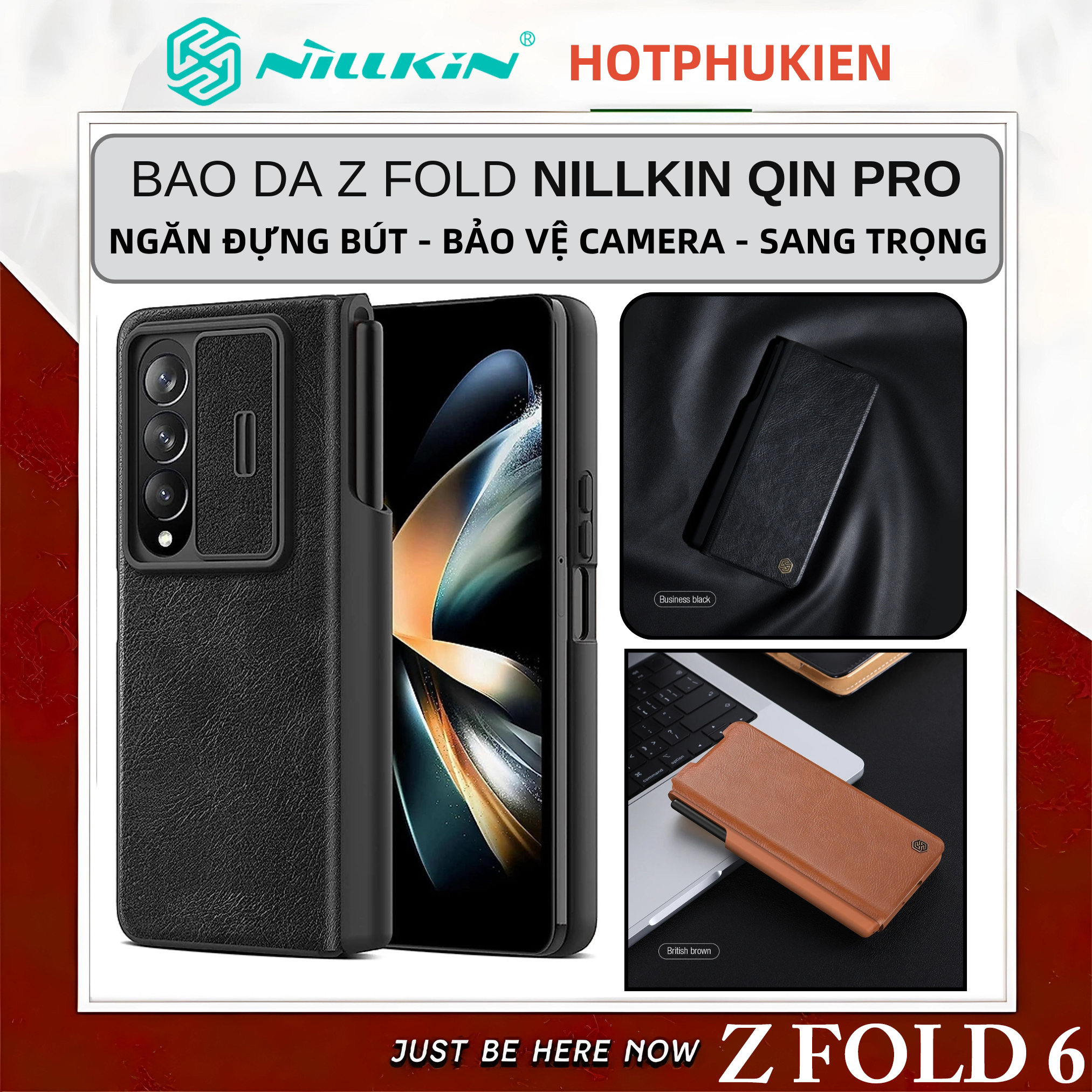 Case bao da chống sốc cho Samsung Galaxy Z Fold 6 trang bị nắp bảo vệ Camera và ngăn đựng S-Pen và khe nhét thẻ card hiệu Nillkin Qin Pro (chất liệu da cao cấp, thiết kế thời trang cá tính) - Hàng nhập khẩu