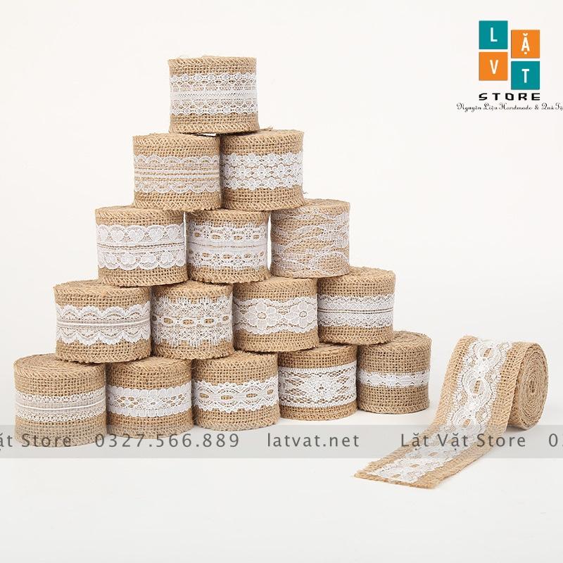 Ruy băng vải bố có ren trắng DIY trang trí, handmade, tiệc cưới, Giáng sinh làm từ sợi đay, ribbon Decor.