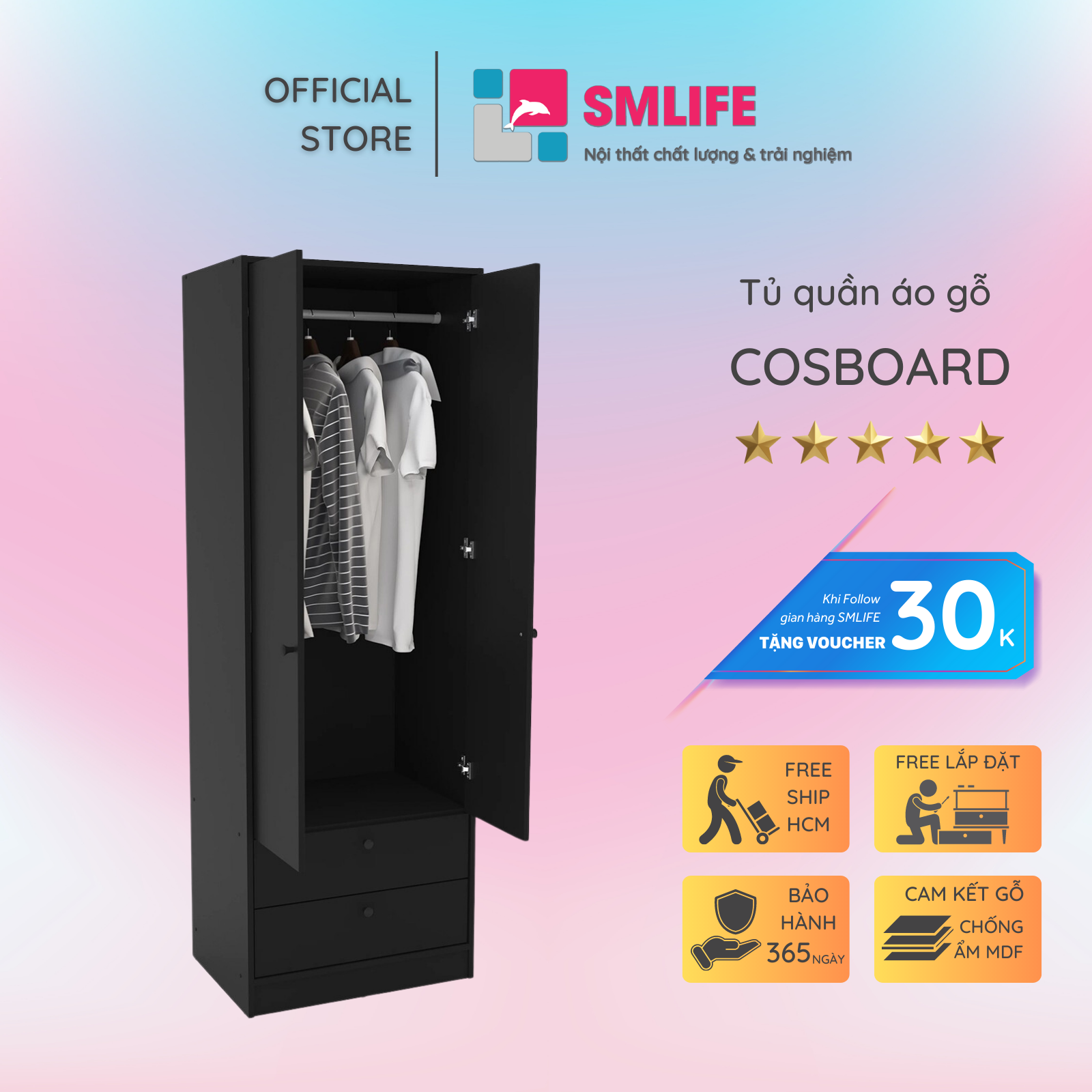 Tủ quần áo gỗ thiết kế đẹp và tiện dụng SMLIFE Cosboard