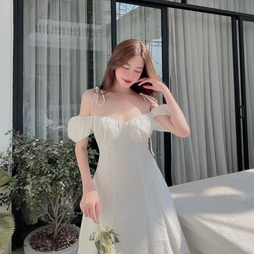 Đầm xòe nhún ngực 2 dây cột nơ tay phồng có 3 màu, 3 size lựa chọn