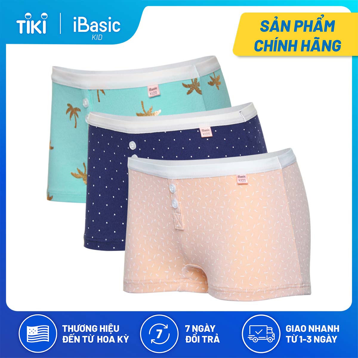 Combo 3 quần lót bé gái cotton boyshort hoạ tiết iBasic PANG014