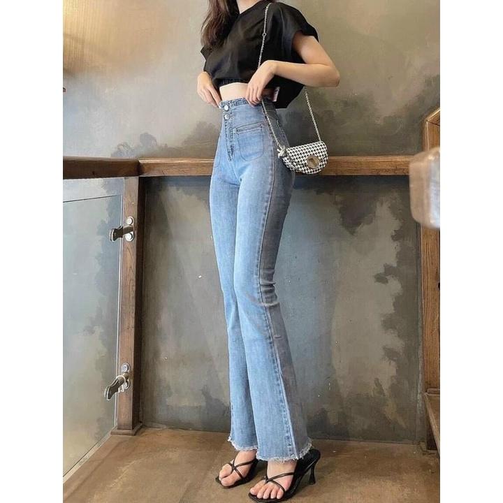 Quần jeans xanh ống loe cho nữ.